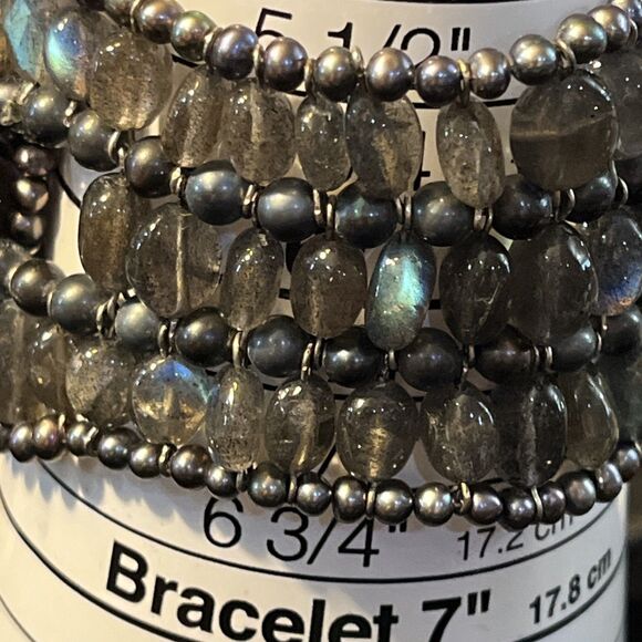 Vintage Labradorite Beaded 3 Row Cuff Bracelet MOP Abalone Button Closure 6.5” - Picture 6 of 6